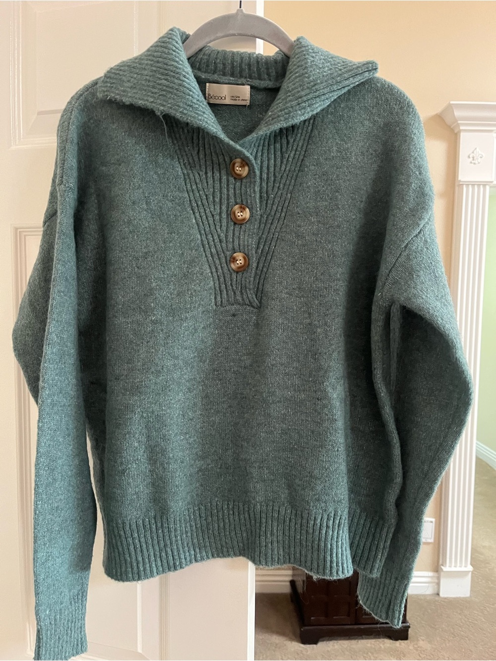 Becool Teal Button-Front Cowl Sweater